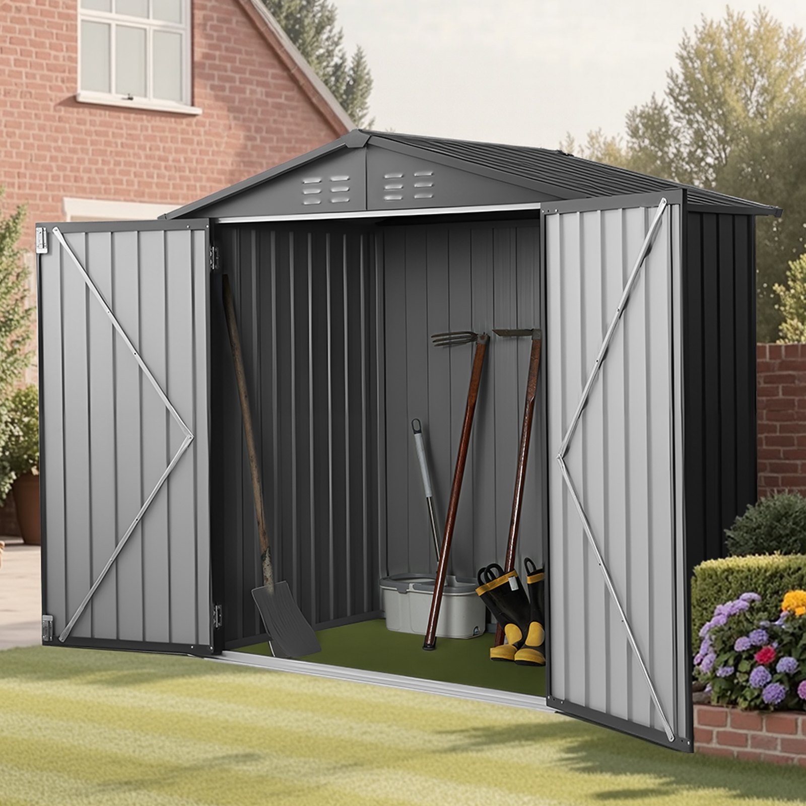 VEVOR Metalen Gereedschapsschuur, Gereedschapsschuur met Afsluitbare Deuren en 4 Ventilatieroosters, Tuinschuur met Schuin Dak, Opslagschuur voor Achtertuin, Tuin, Terras, Fiets, 1860x1210x1841 mm