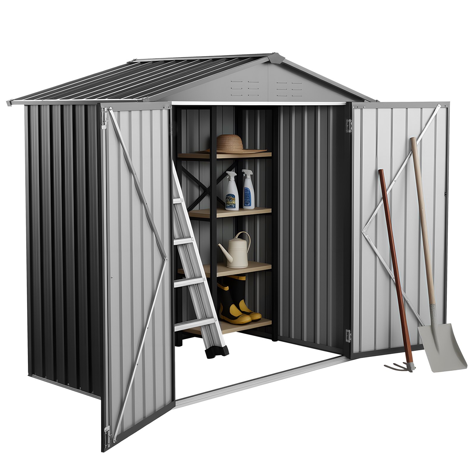 VEVOR Metalen Gereedschapsschuur, Gereedschapsschuur met Afsluitbare Deuren en 4 Ventilatieroosters, Tuinschuur met Schuin Dak, Opslagschuur voor Achtertuin, Tuin, Terras, Fiets, 1860x1210x1841 mm