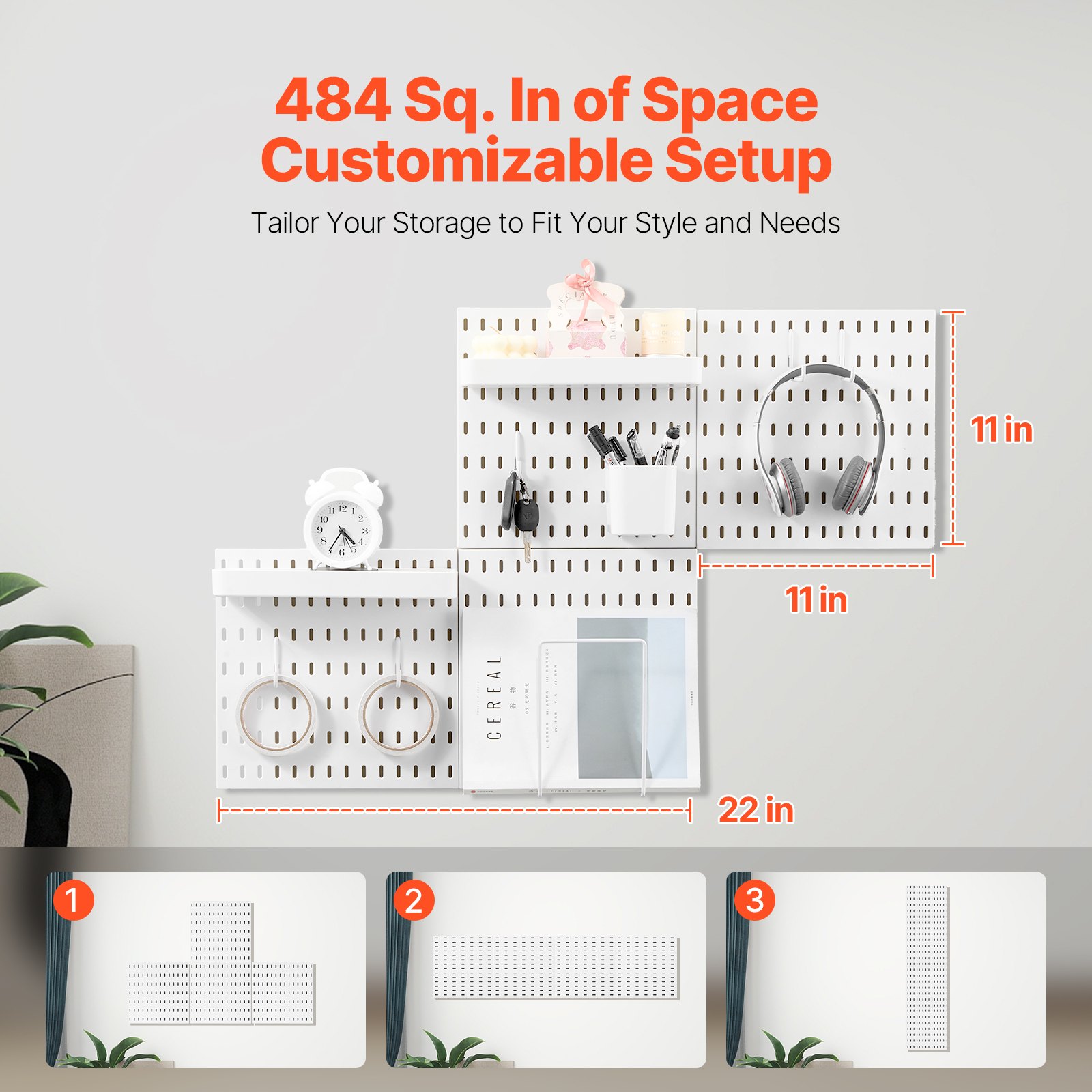 VEVOR Tool Wall, 28 x 28 cm, set van 4, kunststof wandorganizerset met accessoires, voor garage, gereedschapsopslag, keuken, woonkamer, hobbykamer, kantoor, badkamer, huis, wit