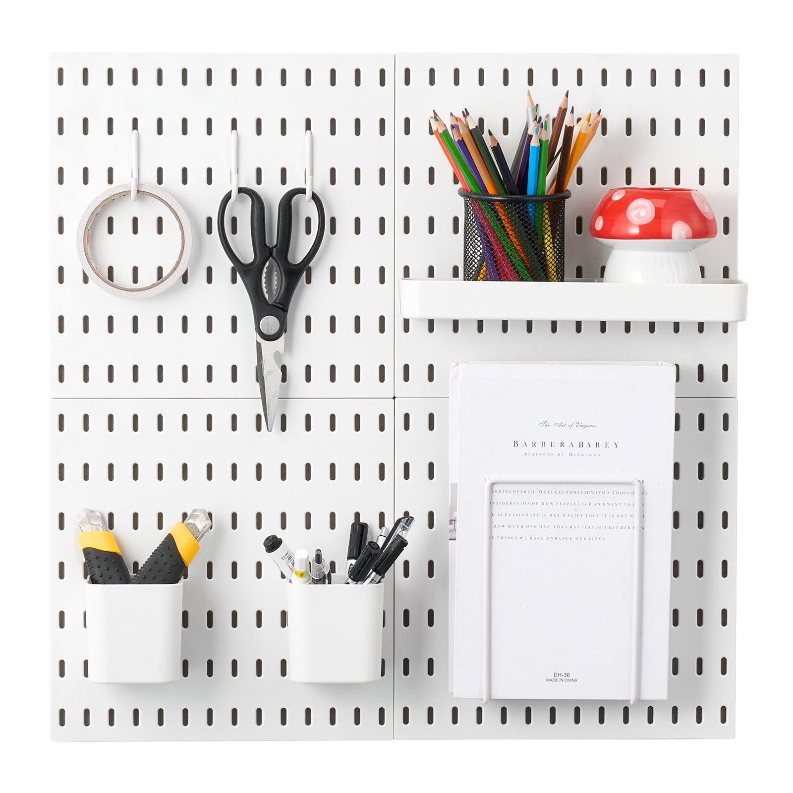 VEVOR Tool Wall, 28 x 28 cm, set van 4, kunststof wandorganizerset met accessoires, voor garage, gereedschapsopslag, keuken, woonkamer, hobbykamer, kantoor, badkamer, huis, wit