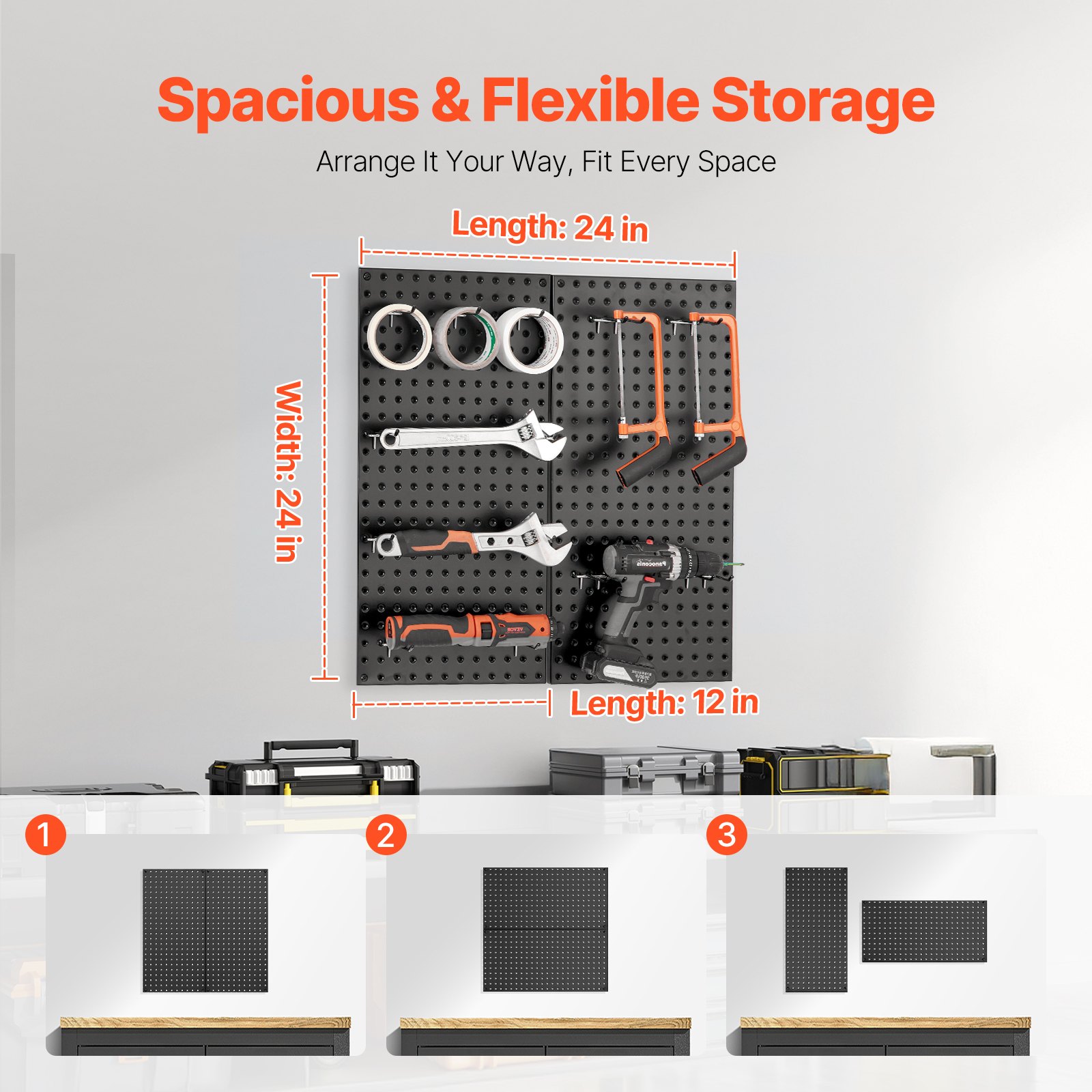 VEVOR Gereedschapswand, 61 x 30 cm, set van 2, wandorganizer met accessoires, gereedschapswand voor woonkamer, garage, gereedschapsopslag, kantoororganisatie, hobbykamer, keuken, huis, zwart
