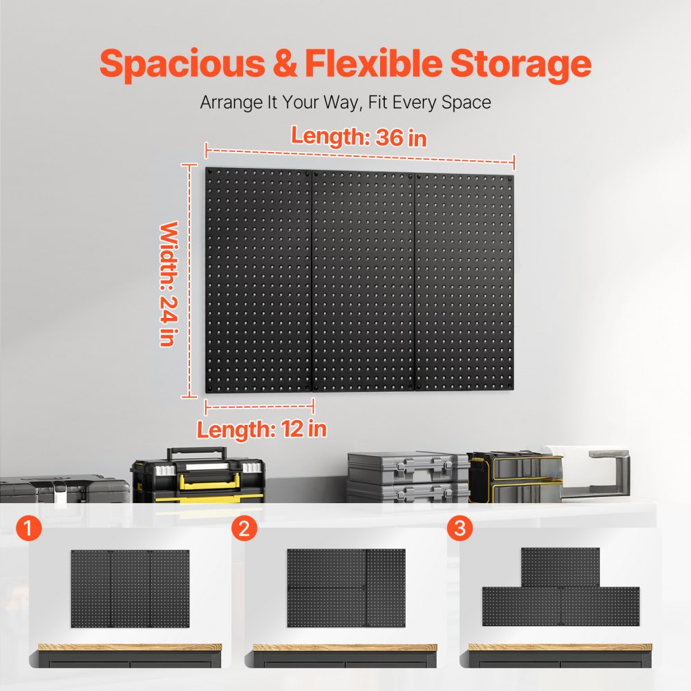 VEVOR Gereedschapswand, 61 x 30 cm, set van 3, stalen wandorganizer met prikbord, gereedschapsbord voor woonkamer, garage, gereedschapsopslag, werkbank, kantoororganisatie, hobbykamer, keuken, huis, zwart