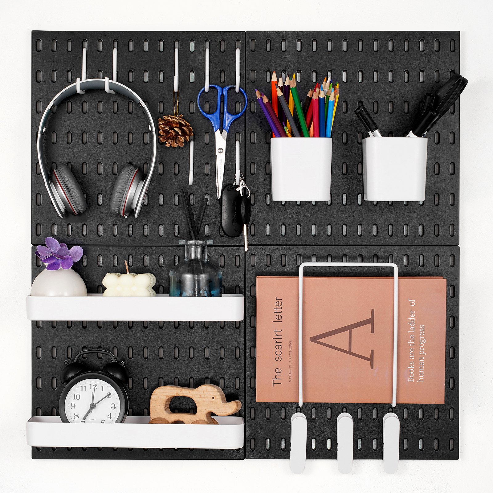 VEVOR Tool Wall, 28 x 28 cm, set van 4, kunststof wandorganizerset met accessoires, voor garage, gereedschapsopslag, keuken, woonkamer, hobbykamer, kantoor, badkamer, huis, zwart