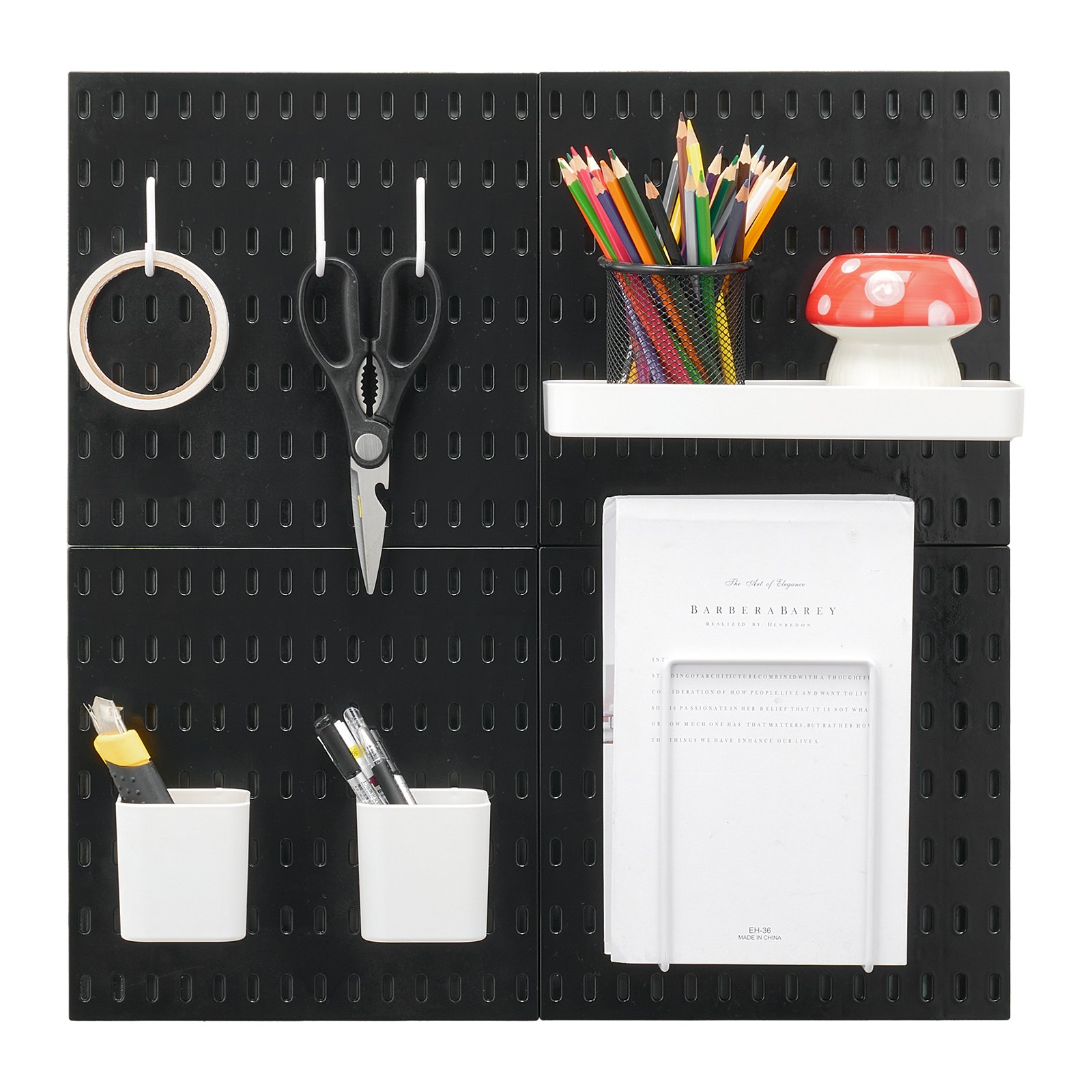 VEVOR Tool Wall, 28 x 28 cm, set van 4, kunststof wandorganizerset met accessoires, voor garage, gereedschapsopslag, keuken, woonkamer, hobbykamer, kantoor, badkamer, huis, zwart