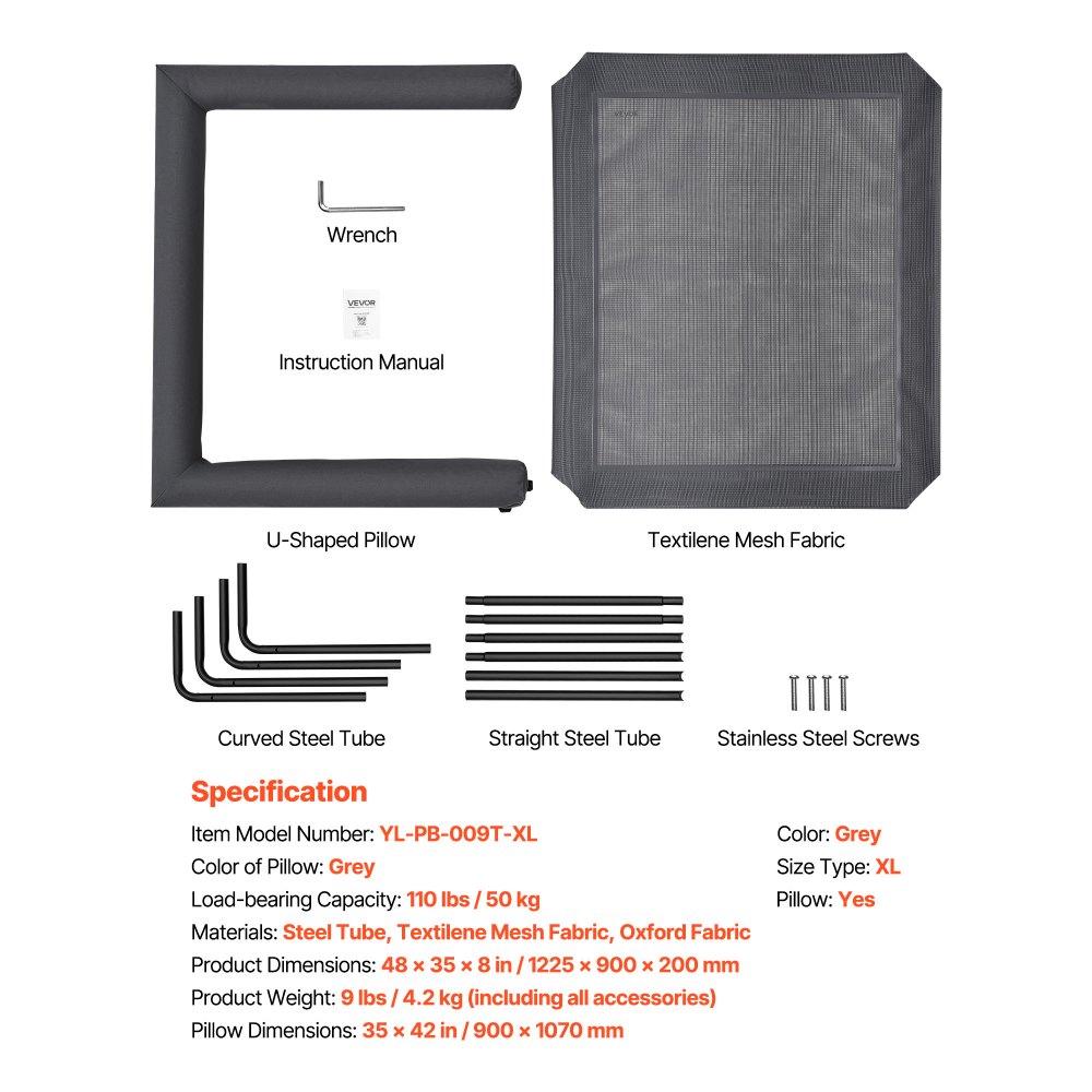 VEVOR Elevated Dog Bed for Large Dogs, Portable Raised Dog Cot with Washable Pillow, Indoor & Outdoor Pet Cooling Raised Hammock Bed with Steel Metal Frame and Breathable Teslin Mesh, XL, Gray