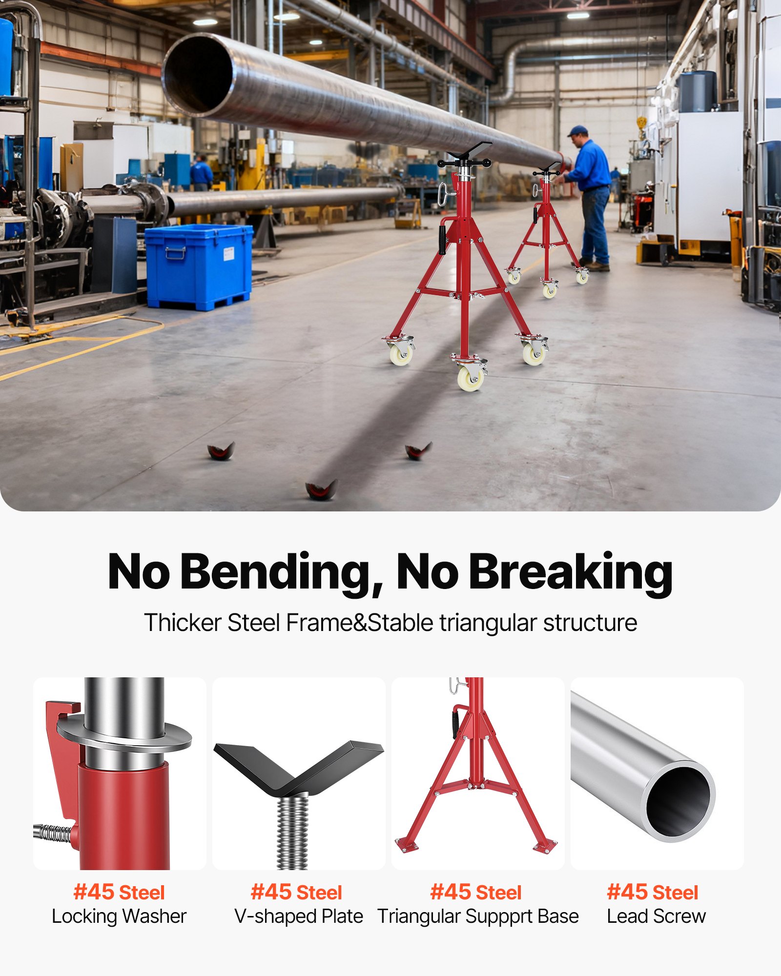 VEVOR Pipe Stand, Pipe Jack Stand, V Head Pipe Stand Adjustable Height 28-52 Inch, Pipe Jack Stands with Casters 882 LB, Folding Portable Pipe Stands 1/8 to 12 Inch Pipe Supporting, Steel Jack Stand