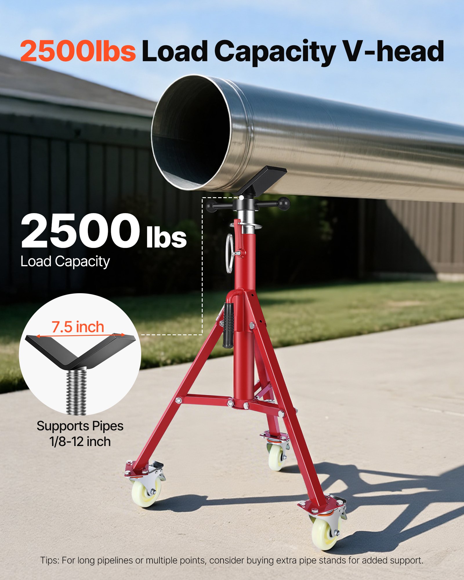 VEVOR Pipe Stand, Pipe Jack Stand, V Head Pipe Stand Adjustable Height 20-37 Inch, Pipe Jack Stands with Casters 882 LB, Folding Portable Pipe Stands 1/8 to 12 Inch Pipe Supporting, Steel Jack Stand