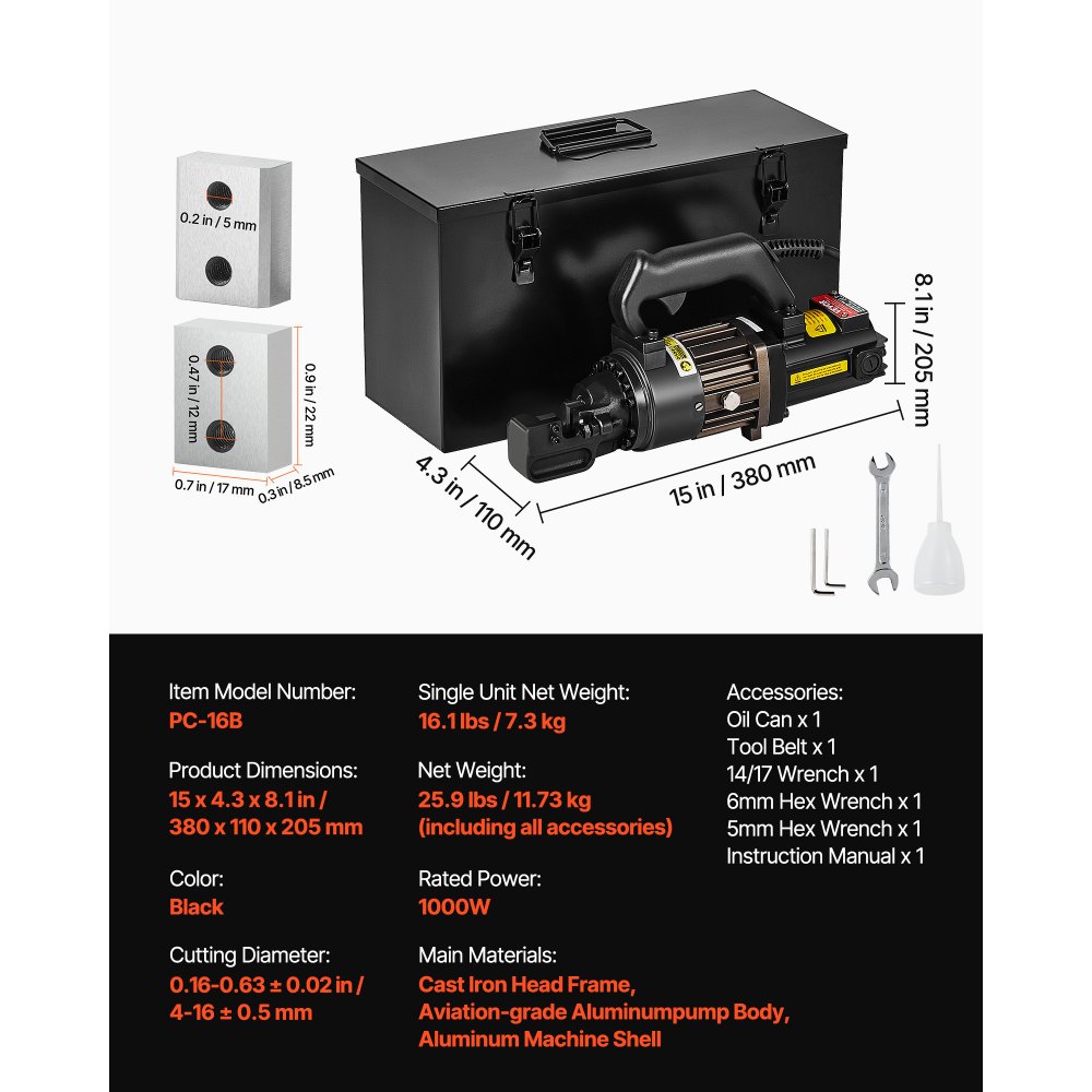 VEVOR elektrische hydraulische boutenschaar, 1000W wapeningsstaalknipper, knipt tot 4-16 mm wapeningsstaal in 2 seconden, wapeningsstaalknipper met oliehoudende accessoires, zwart