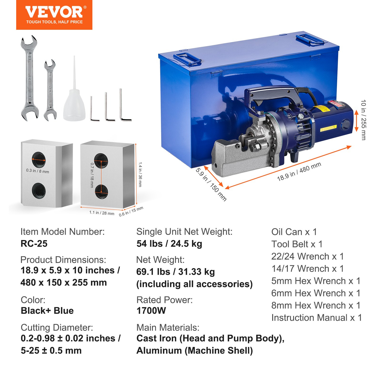 VEVOR Elektrische hydraulische boutenschaar, 1700W wapeningsstaalknipper, knipt tot 5-25 mm wapeningsstaal in 4 seconden, wapeningsstaalknipper met gereedschapskoffer en oliekan, zwart-blauw