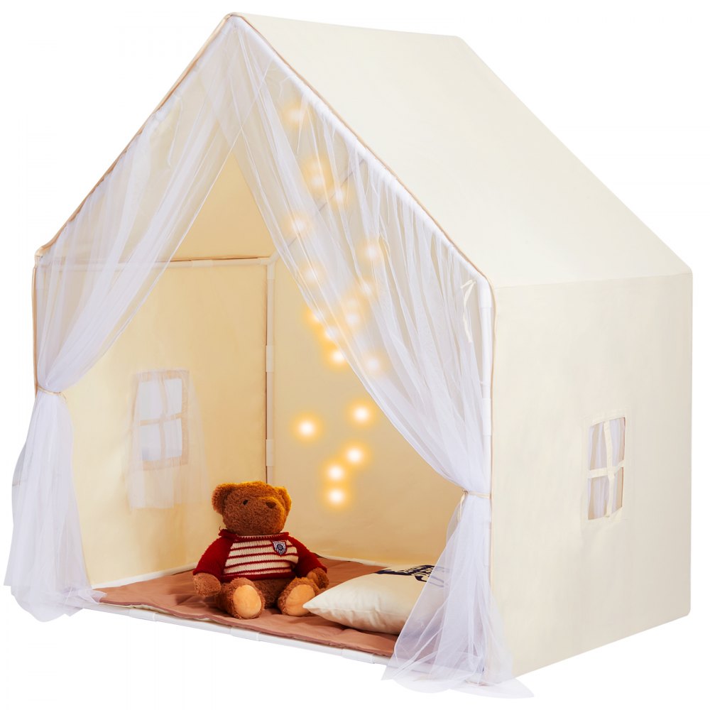 VEVOR kids play tent with white curtains, teddy bear, pillow, and soft interior lighting.