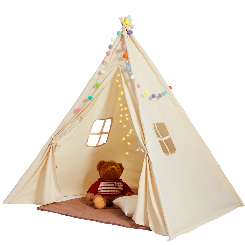 VEVOR kids play tent with teddy bear inside, string lights, and colorful pom-pom garland.