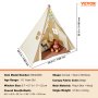 VEVOR kids play tent, beige conical tent with fairy lights, teddy bear, and pillow inside.