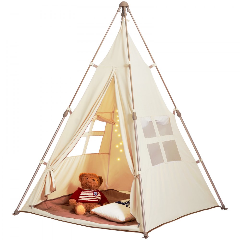 VEVOR kids play tent with bear, pillow, and string lights inside for a cozy playtime experience.