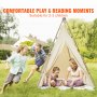 children playing around a VEVOR kids play tent on a sunny day with text promoting play and reading moments.