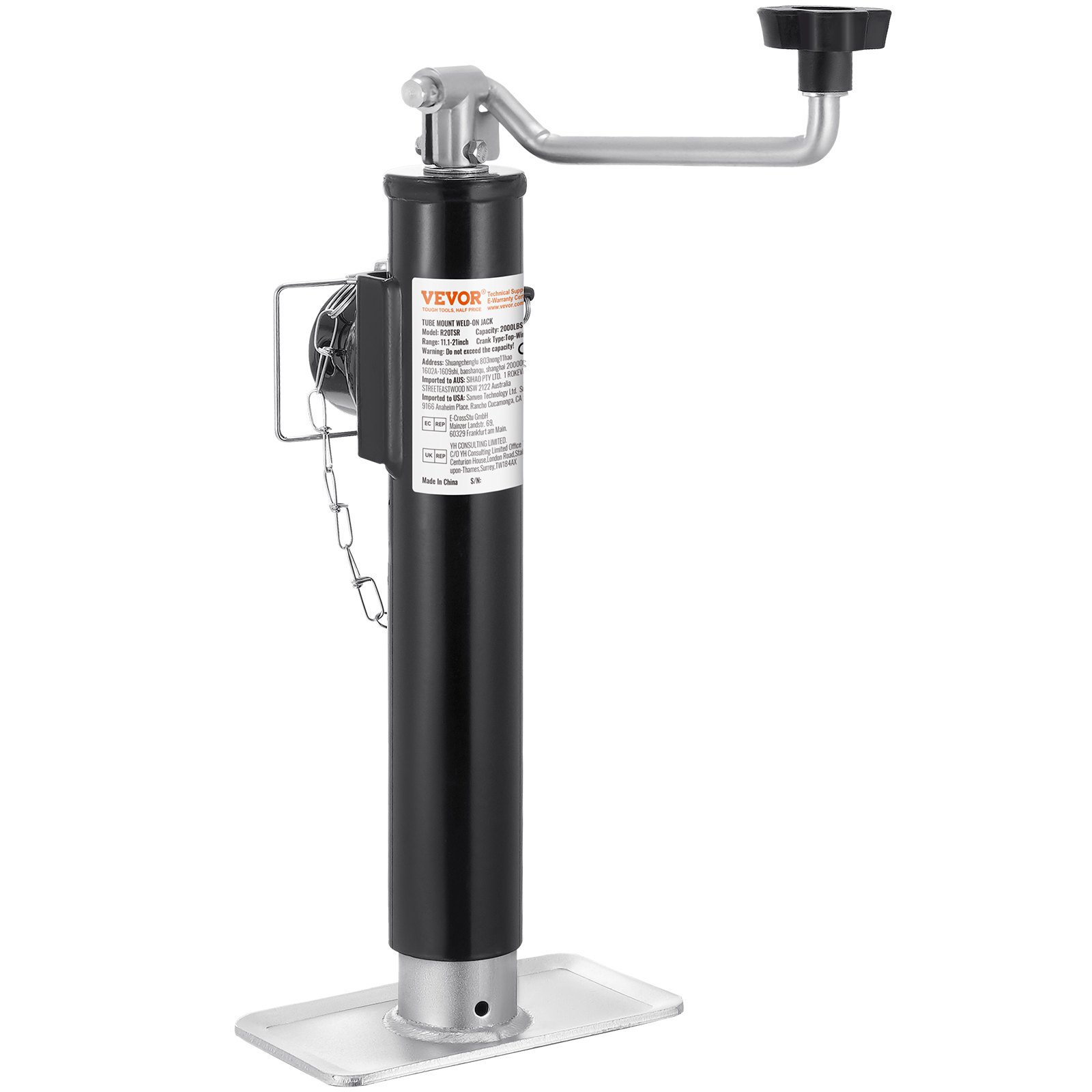 VEVOR aanhangwagenkrik, 907 kg dynamisch draagvermogen, lasbare draaibare krik met buisbevestiging, 283-533 mm aanhangwagenstandaard voor caravantrailers, paardentrailers, aanhangwagens en jachttrailers