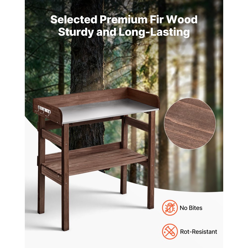VEVOR Plantentafel, Tuintafel, Werktafel met Groot Houten Blad, Planken & Haken, Bloementafel, Buitentafel voor het oppotten van planten, ideaal voor Terras, Tuin & Balkon, Bruin, 780x380x820 mm