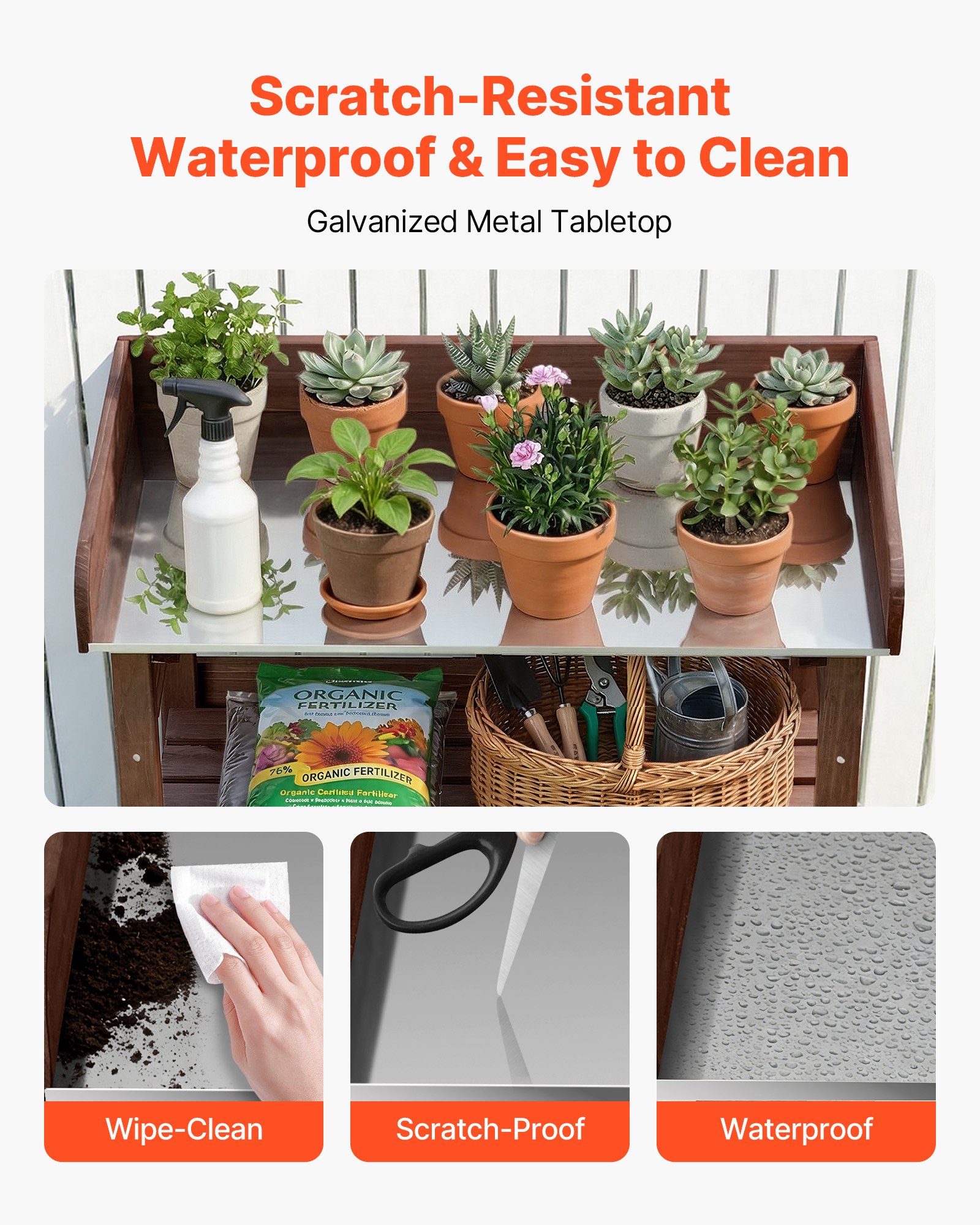 VEVOR Plantentafel, Tuintafel, Werktafel met Groot Houten Blad, Planken & Haken, Bloementafel, Buitentafel voor het oppotten van planten, ideaal voor Terras, Tuin & Balkon, Bruin, 780x380x820 mm