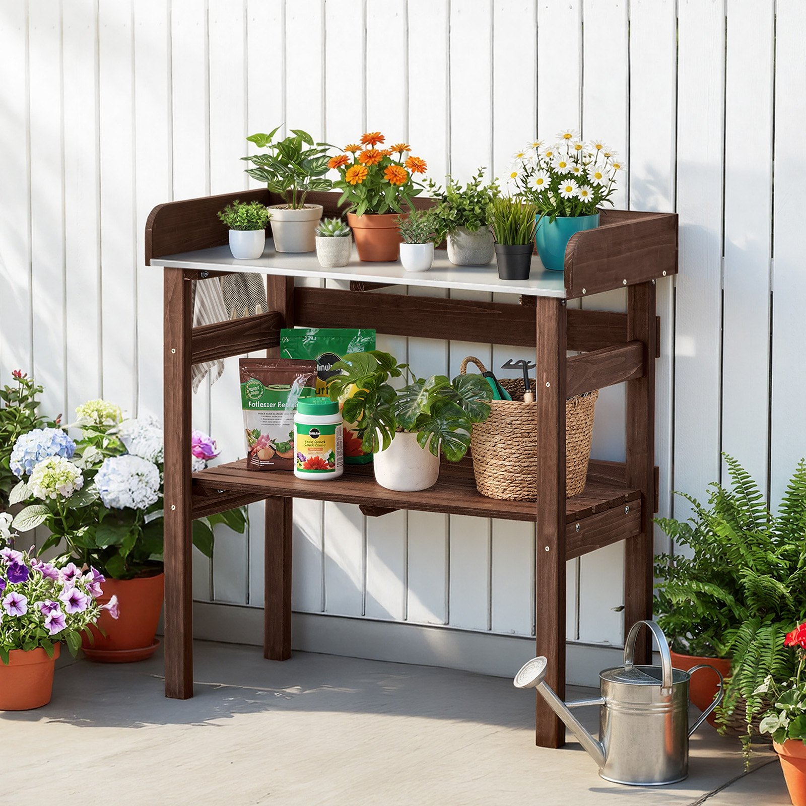 VEVOR Plantentafel, Tuintafel, Werktafel met Groot Houten Blad, Planken & Haken, Bloementafel, Buitentafel voor het oppotten van planten, ideaal voor Terras, Tuin & Balkon, Bruin, 780x380x820 mm