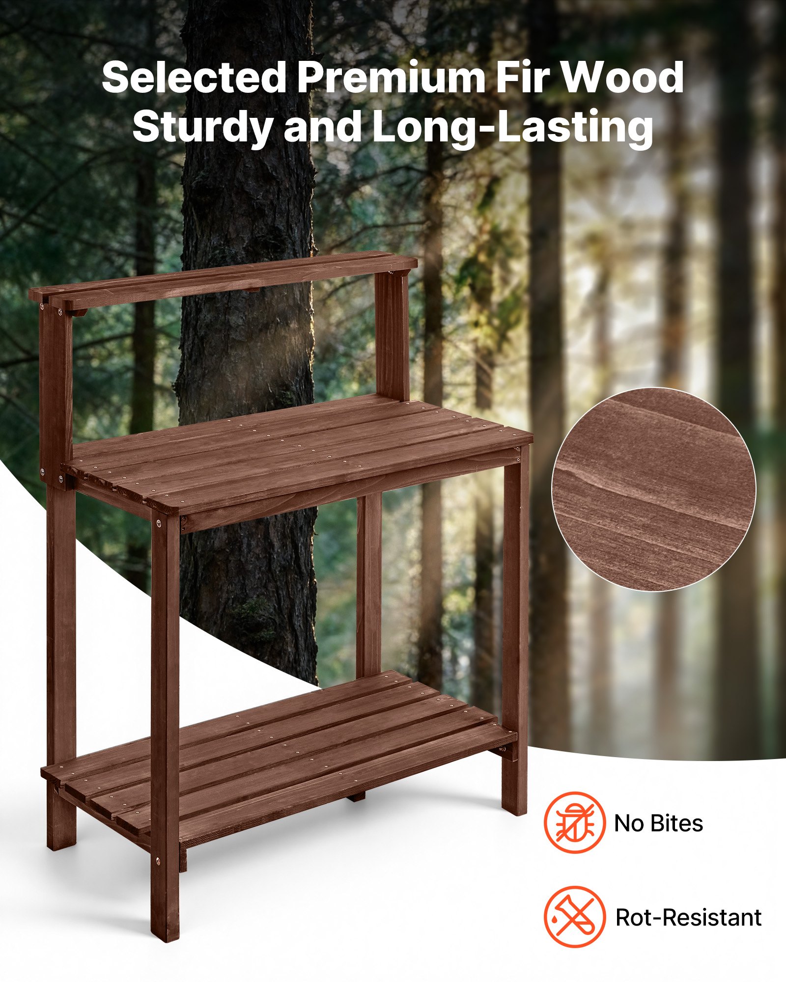 VEVOR Plantentafel, Tuintafel, Werktafel voor in de tuin met groot houten blad, planken en haken, Bloementafel, Verpottafel voor buiten op terras en in de tuin, Bruin, Plankmodel, 910x495x1085 mm