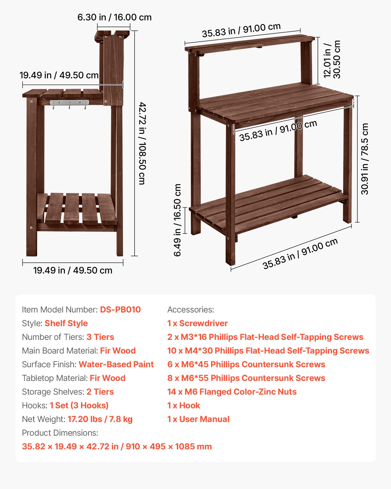 VEVOR Plantentafel, Tuintafel, Werktafel voor in de tuin met groot houten blad, planken en haken, Bloementafel, Verpottafel voor buiten op terras en in de tuin, Bruin, Plankmodel, 910x495x1085 mm