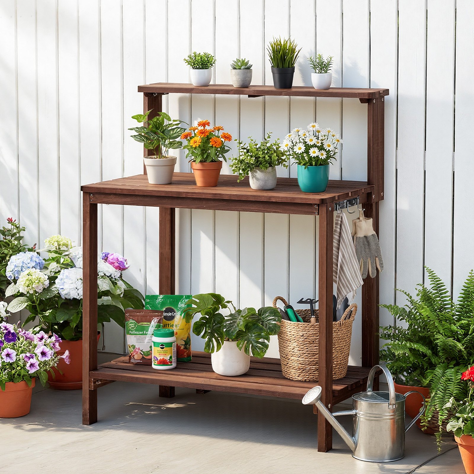 VEVOR Plantentafel, Tuintafel, Werktafel voor in de tuin met groot houten blad, planken en haken, Bloementafel, Verpottafel voor buiten op terras en in de tuin, Bruin, Plankmodel, 910x495x1085 mm