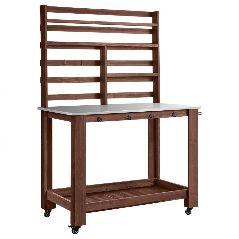 VEVOR Planttafel, Tuintafel, Werktafel voor in de tuin met roestvrijstalen blad, planken, 4 wielen, haken, Bloementafel, Verpottafel voor terras en tuin, Bruin, Plankmodel 1150x660x1695 mm