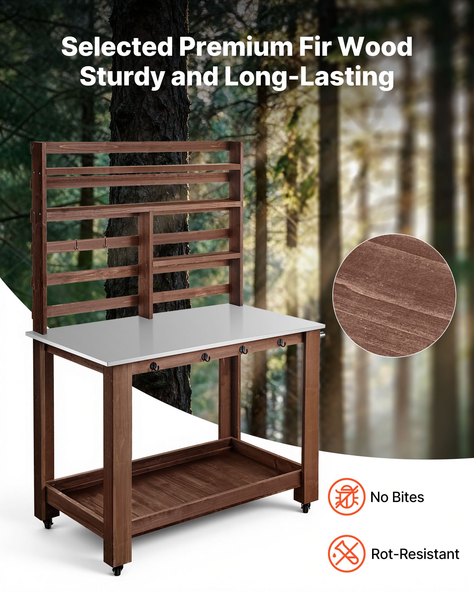 VEVOR Planttafel, Tuintafel, Werktafel voor in de tuin met roestvrijstalen blad, planken, 4 wielen, haken, Bloementafel, Verpottafel voor terras en tuin, Bruin, Plankmodel 1150x660x1695 mm