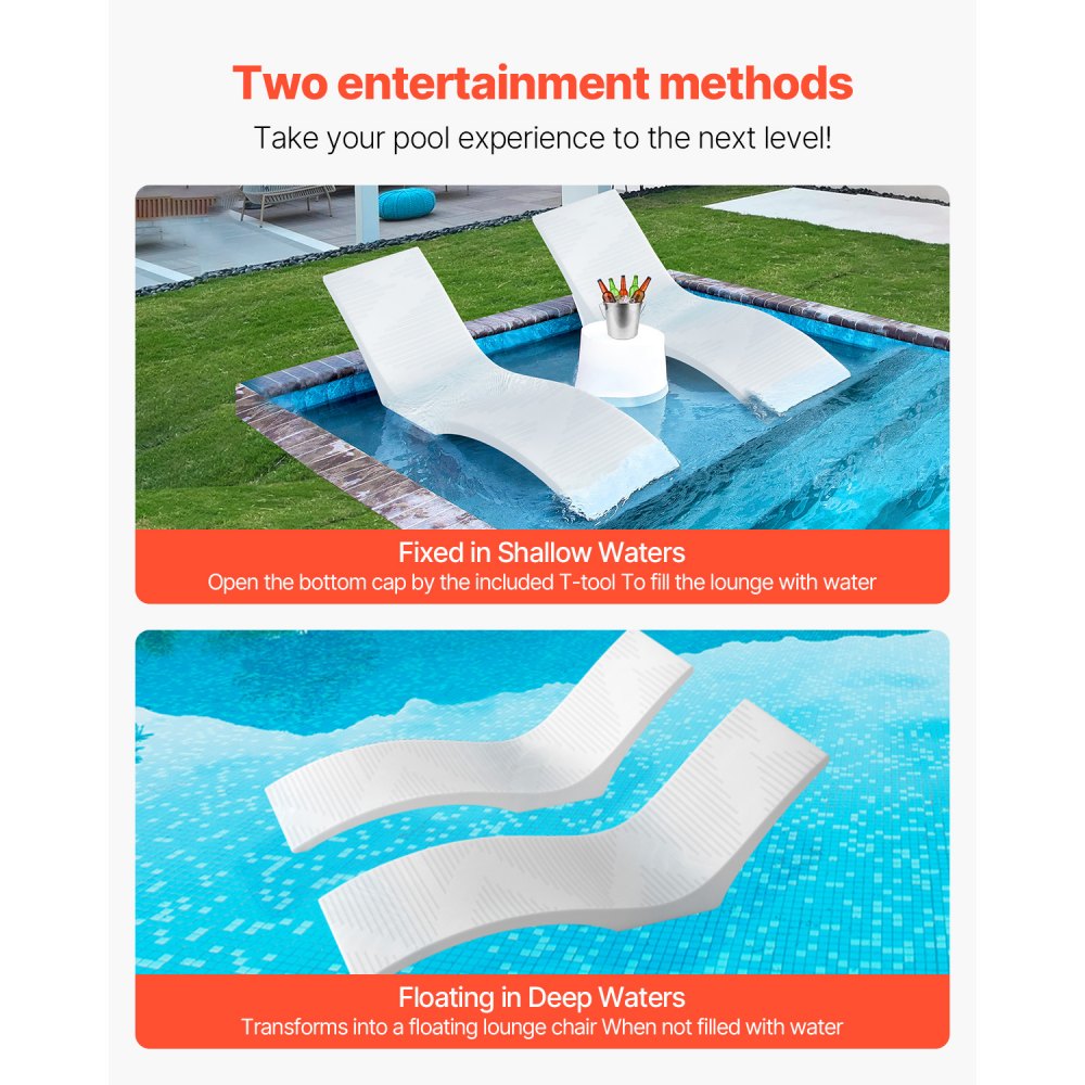 VEVOR 2-delige zwembadligstoelset met chaise longue, ligstoel voor binnen voor waterdieptes tot 12,7 cm, bevestigd aan het zwembad en drijvend op het water, geschikt voor alle soorten zwembaden
