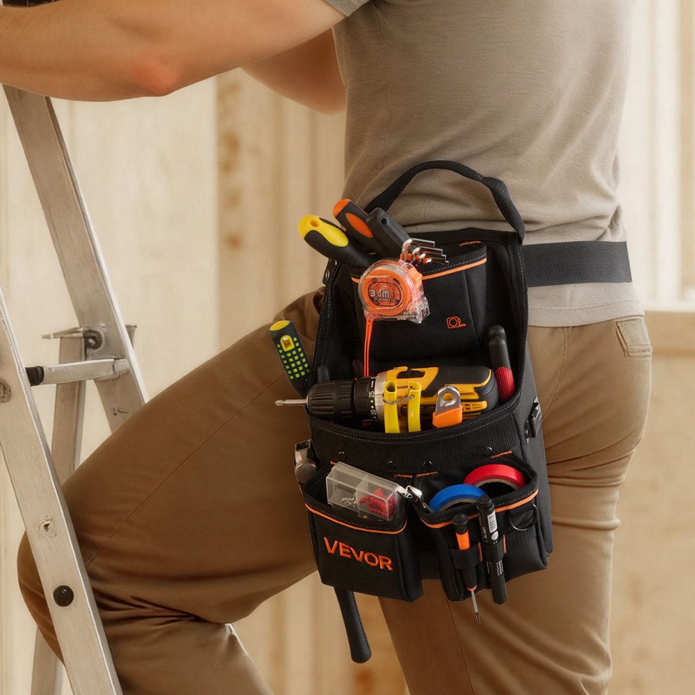 VEVOR gereedschapsriem, 14 vakken, gereedschapsriem voor vaklieden, werkriem voor elektriciens, timmerlieden en bouwvakkers, hamerhouder, gereedschapshouder, schortorganizer, verstelbaar van 830–1270 mm