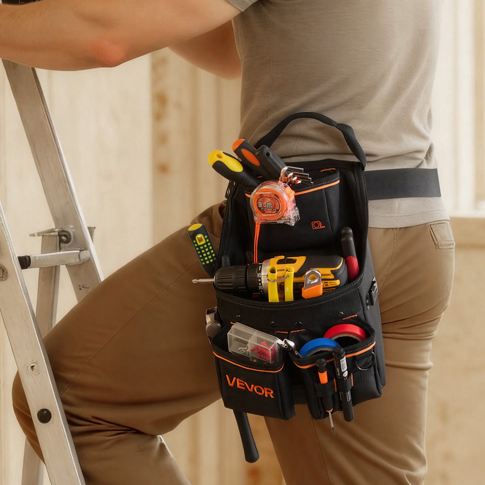 VEVOR gereedschapsriem, 14 vakken, gereedschapsriem voor vaklieden, werkriem voor elektriciens, timmerlieden en bouwvakkers, hamerhouder, gereedschapshouder, schortorganizer, verstelbaar van 830–1270 mm