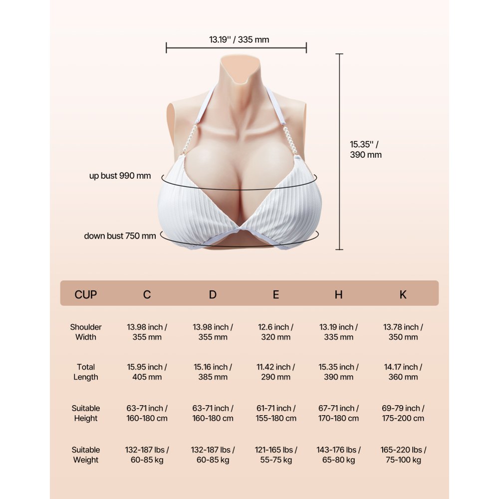 VEVOR siliconen borstprothesen met hoge hals, H-cup, realistische, huidvriendelijke siliconen vulling, hoge elasticiteit, voor crossdressers, transgenders, amateurs, cosplayers, dragqueens, ivoor