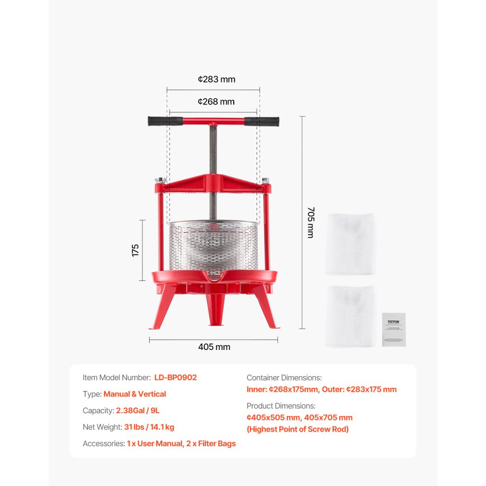 VEVOR Fruitwijnpers, fruitmolen, appelmolen (9 L), roestvrijstalen mand met driehoekige structuur, handmatige sapcentrifuge, handmatige molen, ciderpers, druivenpers met T-greep voor thuiskeuken