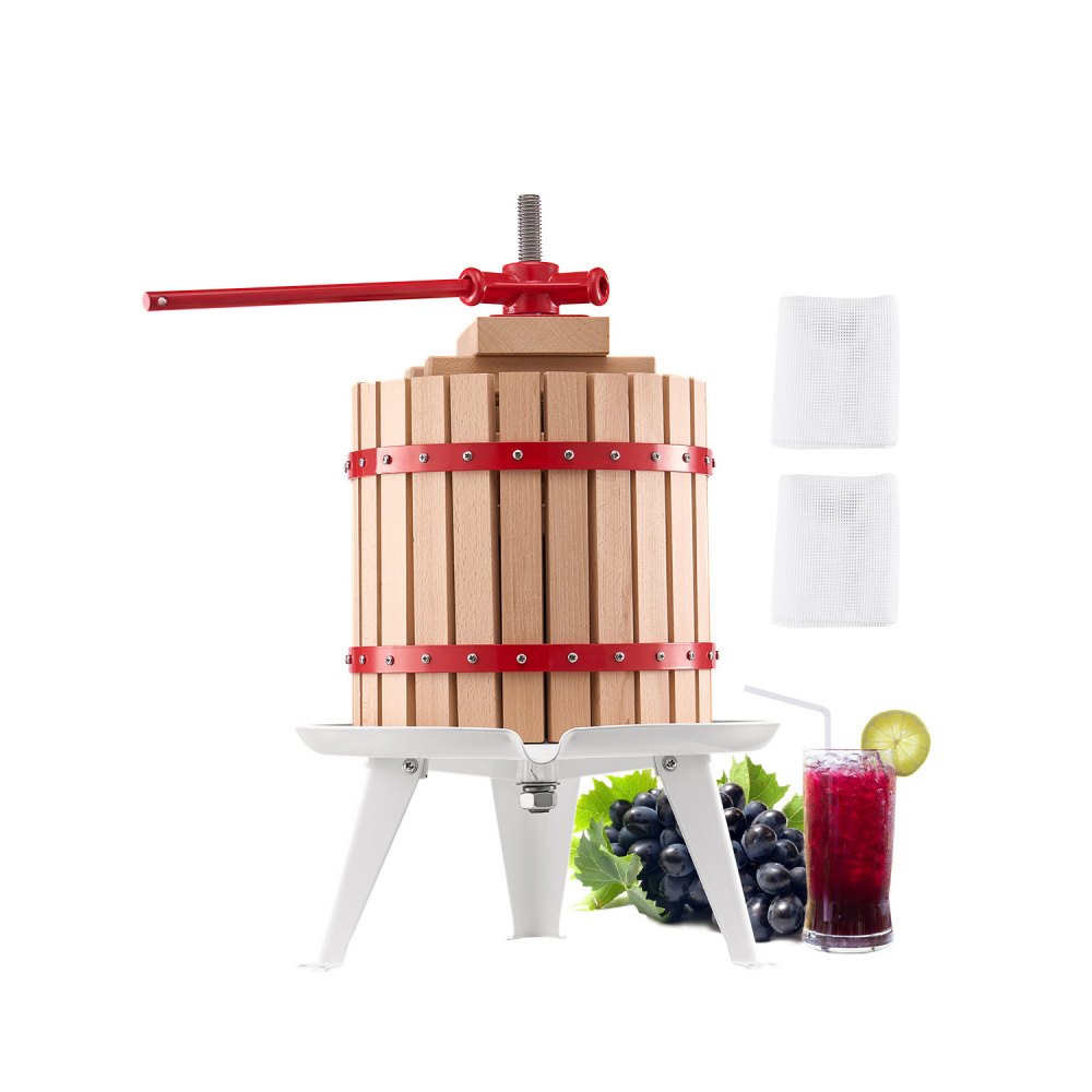 VEVOR Fruitwijnpers Fruitmolen (12 L) met massief houten mand met 8 blokken, robuuste handmatige sapcentrifuge, ciderpers, appelpers, druivenpers, olijfoliepers met handvat, sapcentrifuge voor de keuken