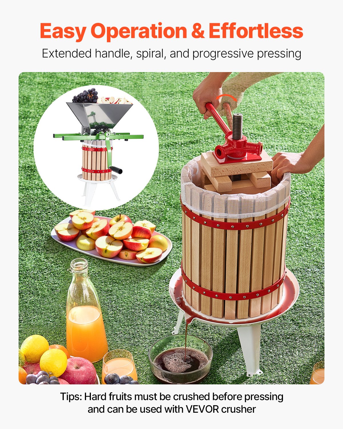 VEVOR Fruitwijnpers Fruitmolen (18 L) met massief houten mand met 8 blokken, robuuste handmatige sapcentrifuge, ciderpers, appelpers, druivenpers, olijfoliepers met handvat, sappers voor de keuken
