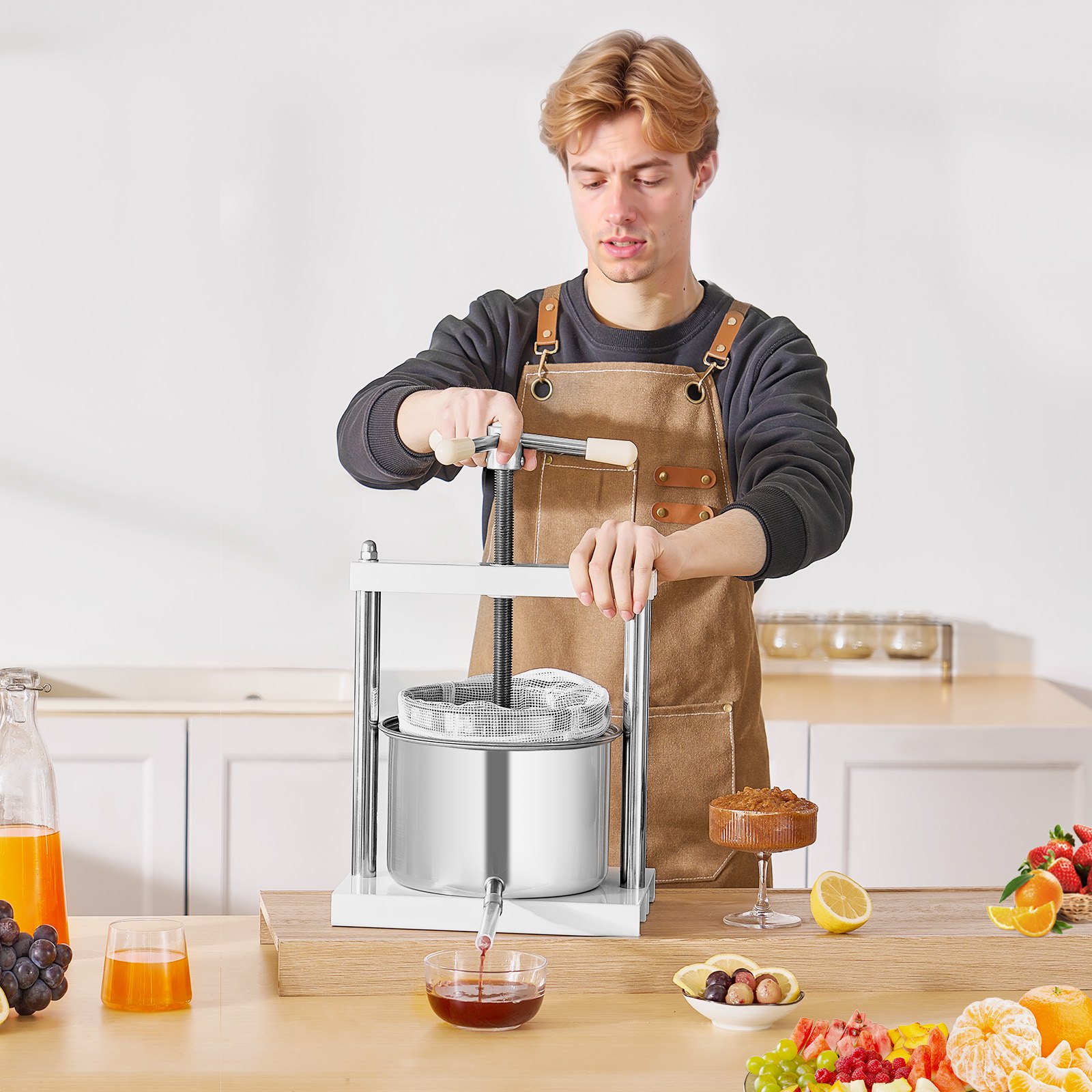 VEVOR Fruitwijnpers Fruitmolen (5 L) met 2 roestvrijstalen vaten, handmatige sapcentrifuge voor wijnbereiding, ciderpers, appelpers, druivenpers, olijfoliepers met driehoekige handgreep voor keuken