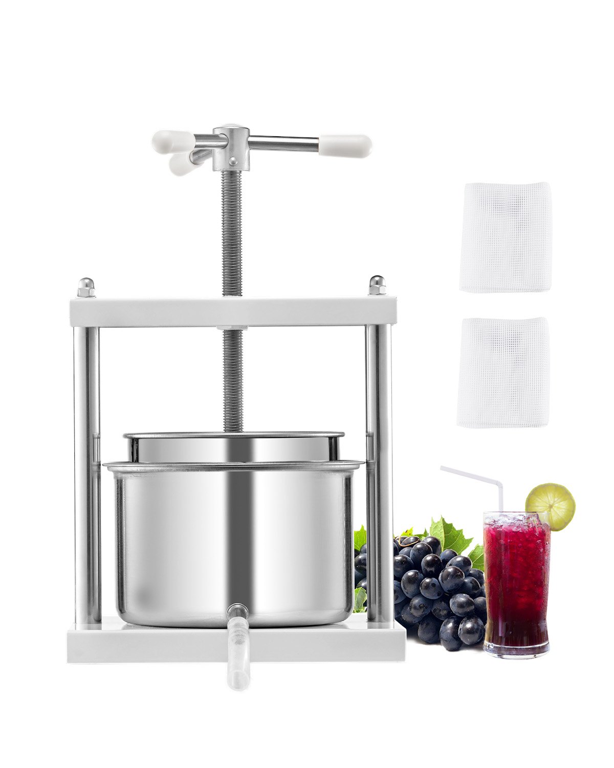 VEVOR Fruitwijnpers Fruitmolen (5 L) met 2 roestvrijstalen vaten, handmatige sapcentrifuge voor wijnbereiding, ciderpers, appelpers, druivenpers, olijfoliepers met driehoekige handgreep voor keuken