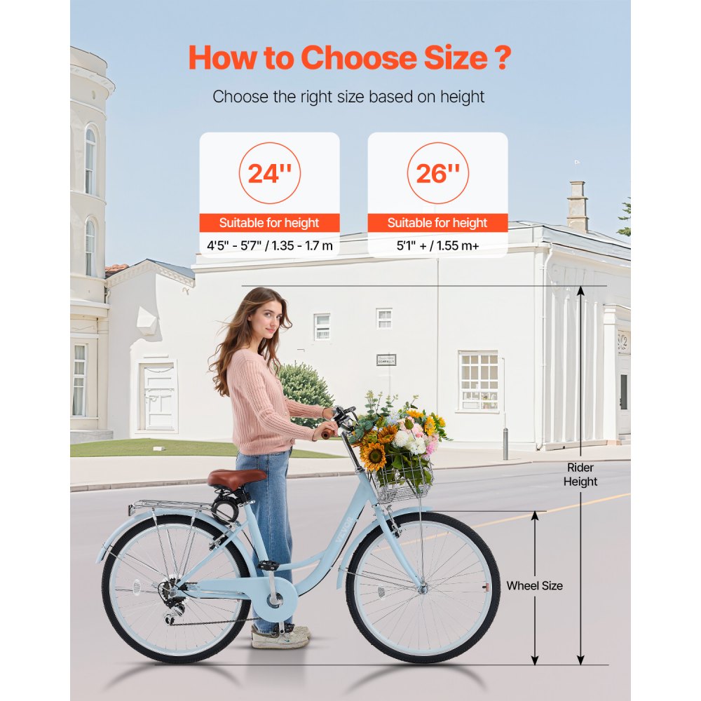 VEVOR Cruiser Bike, 7-Speed, 26-Inch Light Blue Beach Cruiser Bike with Large Capacity Basket and Rear Rack, Secure & Sturdy Cruiser Bike with Adjustable Seat, Fits for Cycling, Exercise & Shopping