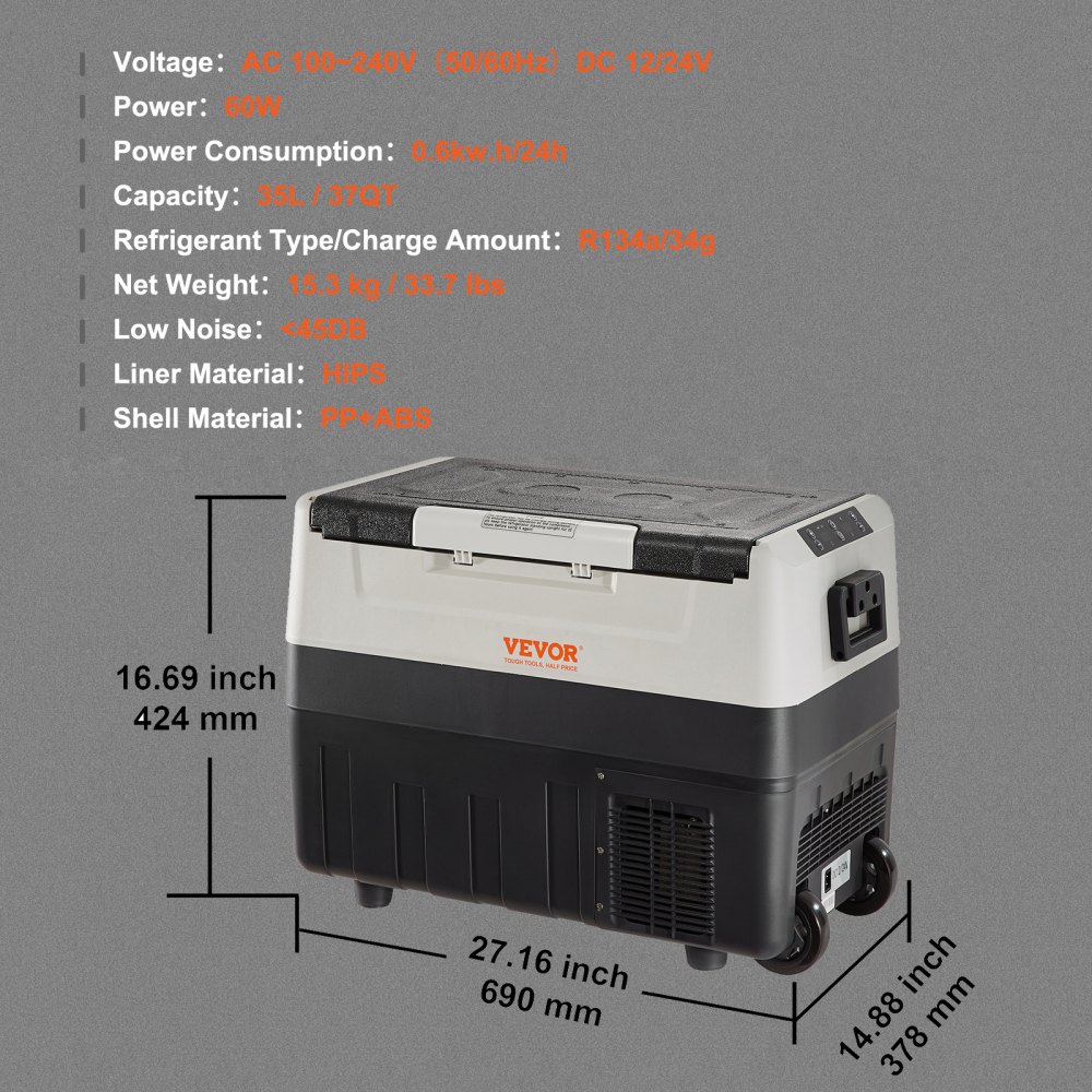 VEVOR Campingkoelkast 35L, verrijdbare elektrische vriesbox 12/24V, 2-in-1 dubbele zone, autokoelkastcompressor voor verwarmen en koelen 60W, draagbaar met handvat, voor boot, vrachtwagen, camper, grijs