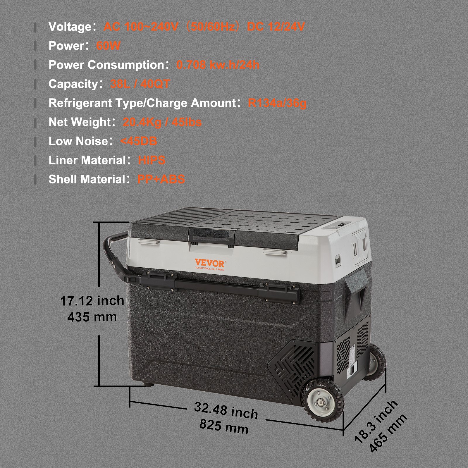 VEVOR 38 L Koelbox 12/24 V Draagbare Koelkast, Elektrische Vriezer Kleine Vriezer -20 ~ 10 ℃, Elektrische Compressor Koelbox 820 x 470 x 440 mm voor Auto, Camping, Vrachtwagen, Boot etc.