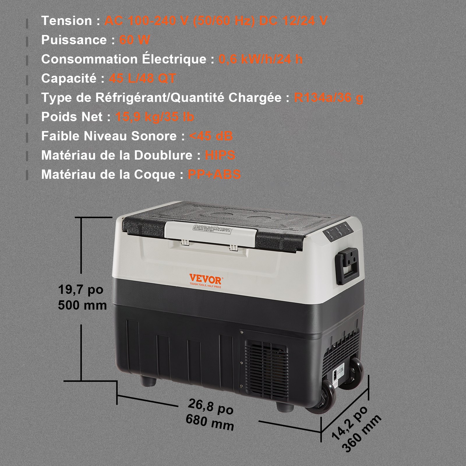 VEVOR Campingkoelkast 45 L Koelbox, 12/24 V Oprolbare Elektrische Vriezerbox 2 in 1 Dubbele Zone, Autokoelkastcompressor voor Warm en Koel 60 W Draagbare Handgreep Boot, Vrachtwagen, Mobiel Grijs