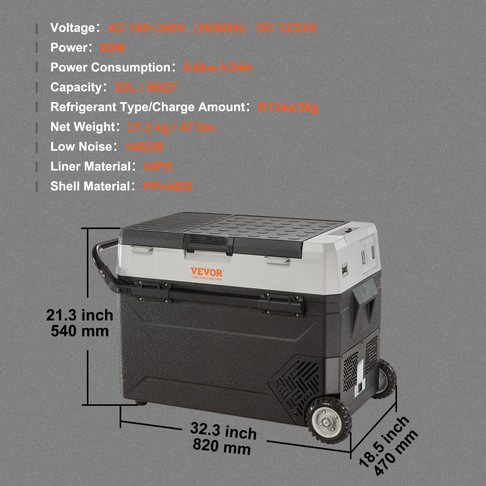 VEVOR Campingkoelkast 53L, verrijdbare elektrische vriesbox 12/24V, 2-in-1 dubbele zone, autokoelkastcompressor voor verwarmen en koelen 60W, draagbaar met handvat, voor boot, vrachtwagen, camper, grijs