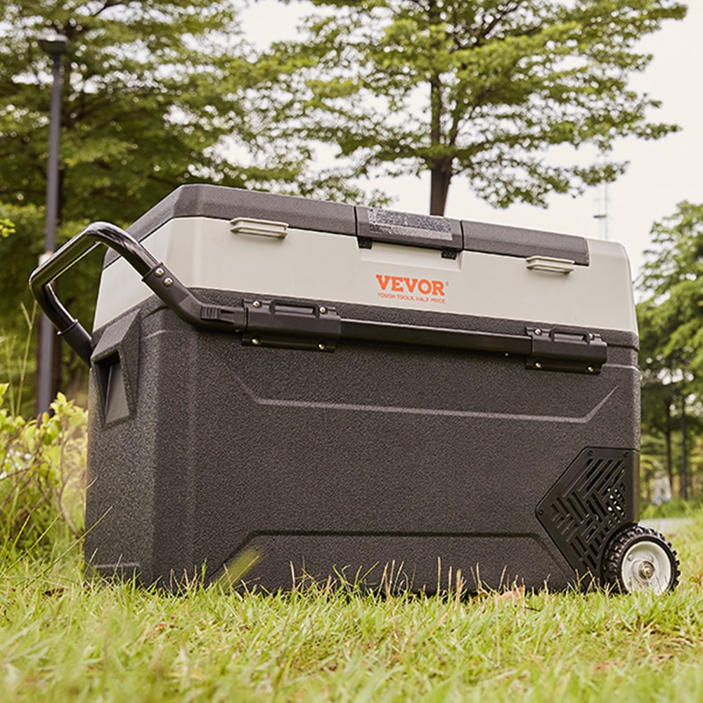 VEVOR Campingkoelkast 53L, verrijdbare elektrische vriesbox 12/24V, 2-in-1 dubbele zone, autokoelkastcompressor voor verwarmen en koelen 60W, draagbaar met handvat, voor boot, vrachtwagen, camper, grijs