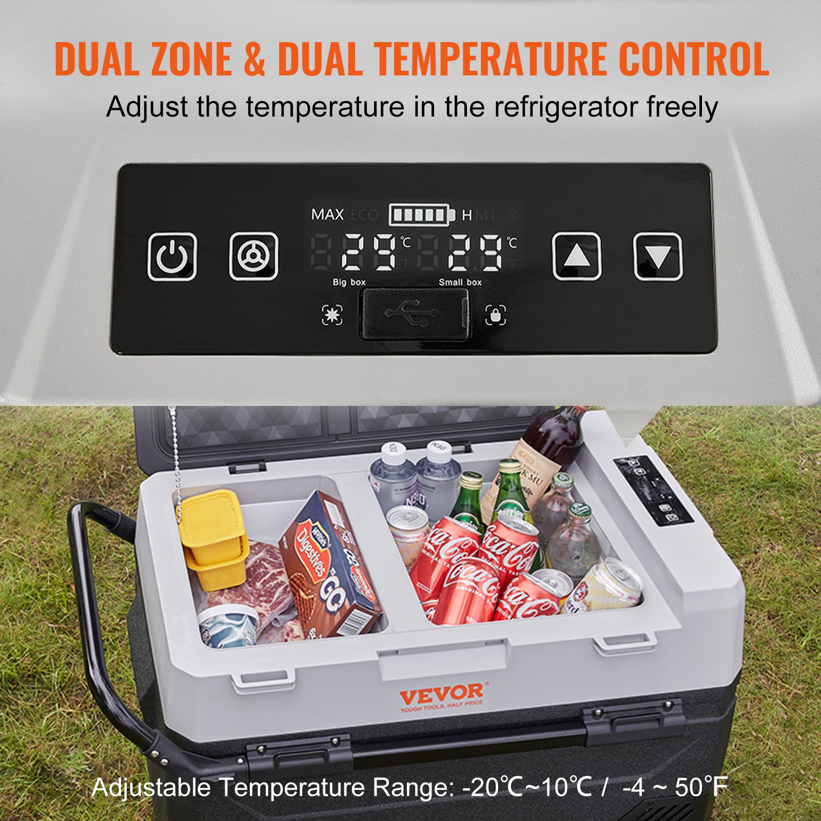 VEVOR Camping Fridge 53 L Cooler Box, 12 / 24 V Rollable Electric Freezer Box 2 in 1 Dual Zone, Car Refrigerator Compressor for Keeping Warm and Cool 60 W Portable Handle Boat, Truck, Mobile Gray