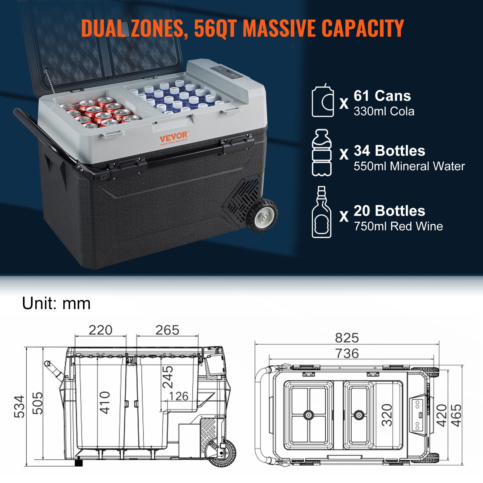 VEVOR Campingkoelkast 53L, verrijdbare elektrische vriesbox 12/24V, 2-in-1 dubbele zone, autokoelkastcompressor voor verwarmen en koelen 60W, draagbaar met handvat, voor boot, vrachtwagen, camper, grijs