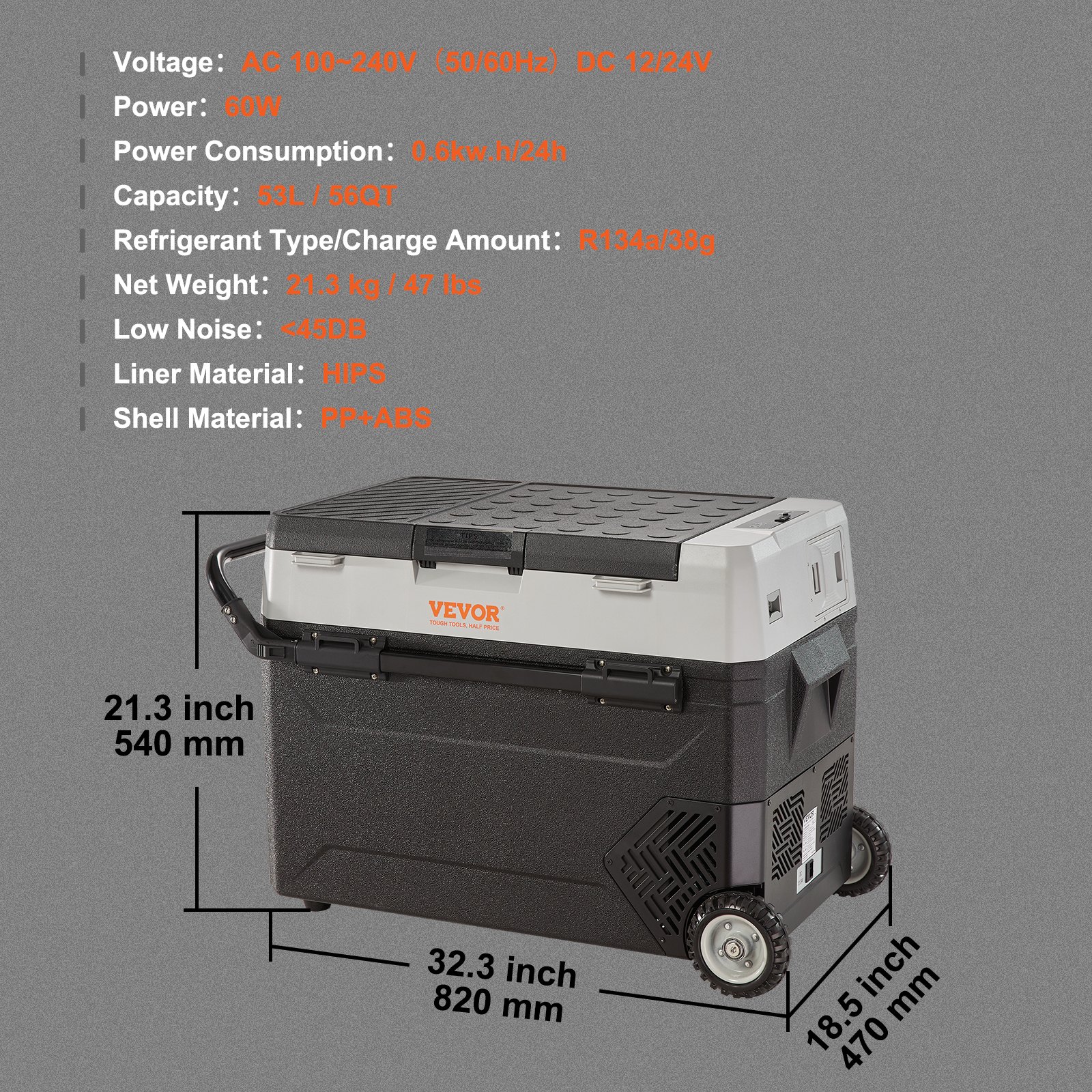 VEVOR Campingkoelkast 53L, verrijdbare elektrische vriesbox 12/24V, 2-in-1 dubbele zone, autokoelkastcompressor voor verwarmen en koelen 60W, draagbaar met handvat, voor boot, vrachtwagen, camper, grijs