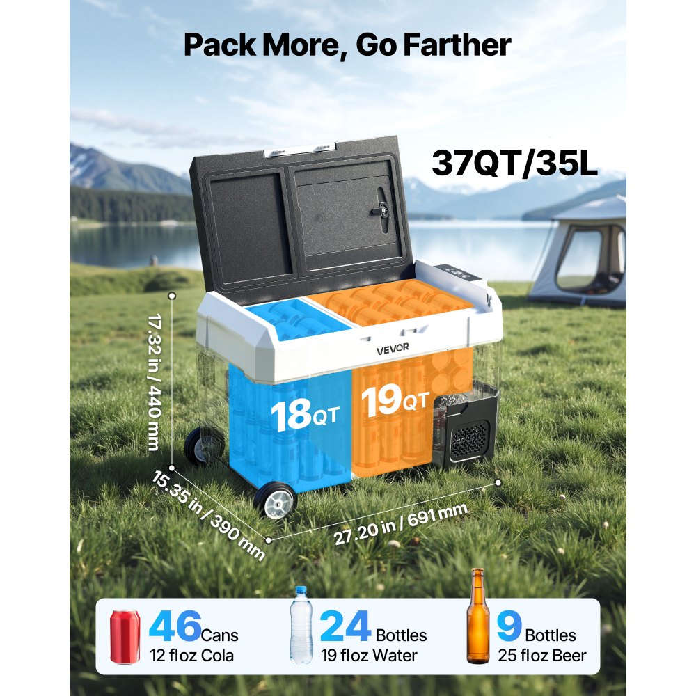 VEVOR Car Refrigerator, DC 12/24V AC100-240V Compressor Electric Cooler, -4°F to 68°F Truck Refrigerator with APP Control, Wheels & Dual Zone, 37 QT Cars Cooler for RVs, Boats, Camping, Fishing