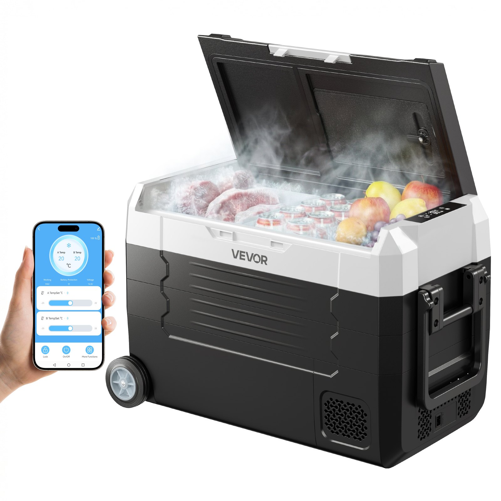 VEVOR Car Refrigerator, DC 12/24V AC100-240V Compressor Electric Cooler, -4°F to 68°F Truck Refrigerator with APP Control, Wheels & Dual Zone, 37 QT Cars Cooler for RVs, Boats, Camping, Fishing