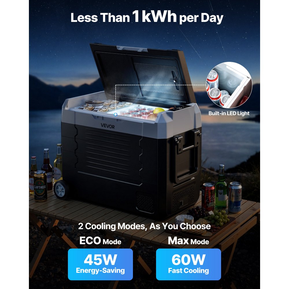 VEVOR Compressor Koelbox 12/24 V DC 100–240 V AC, Autokoelkast 45 L met app-bediening, wielen en 2 temperatuurzones (-20 °C tot 20 °C), Draagbare koelkast voor campers, boten, kamperen en vissen