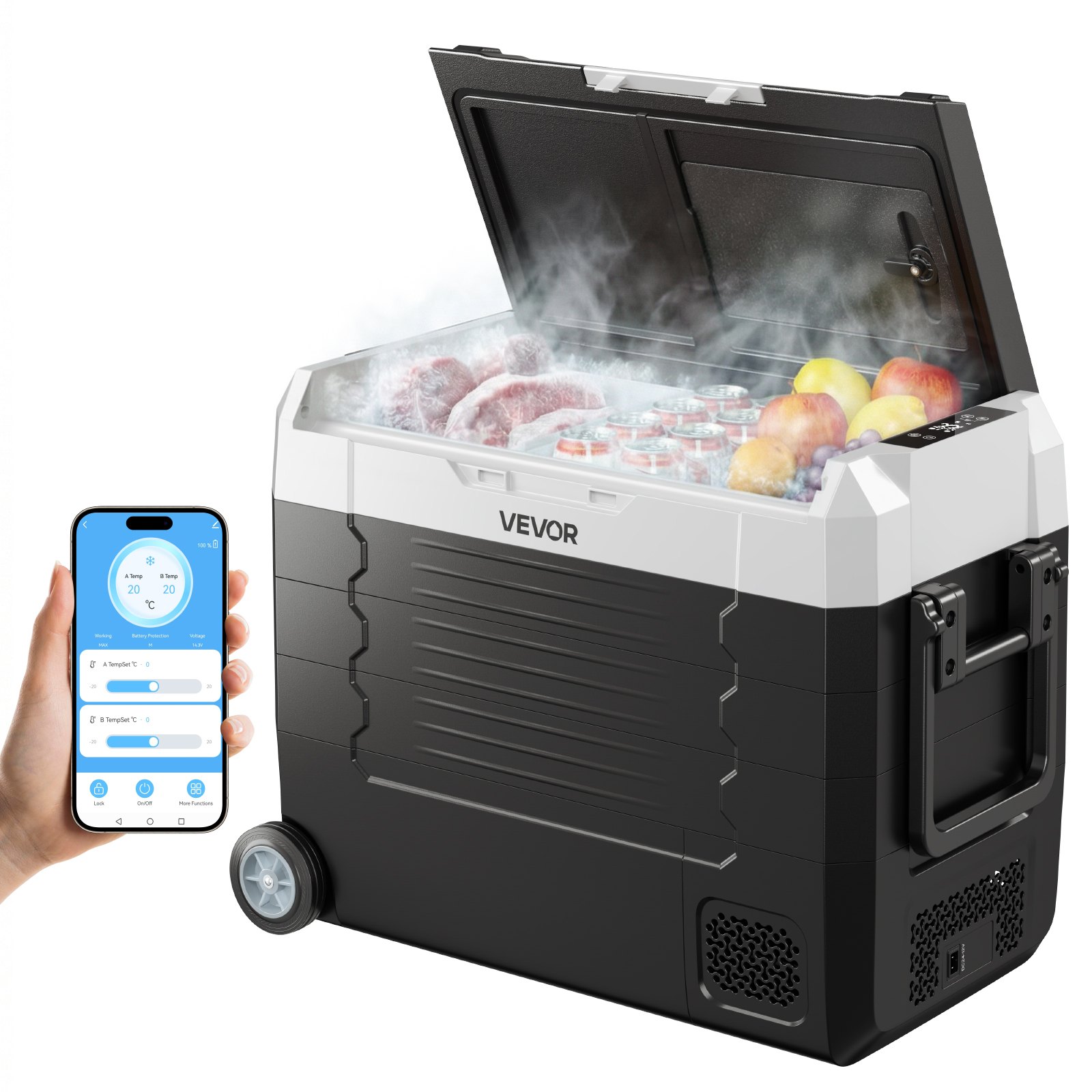 VEVOR Compressor Koelbox 12/24 V DC 100–240 V AC, Autokoelkast 45 L met app-bediening, wielen en 2 temperatuurzones (-20 °C tot 20 °C), Draagbare koelkast voor campers, boten, kamperen en vissen