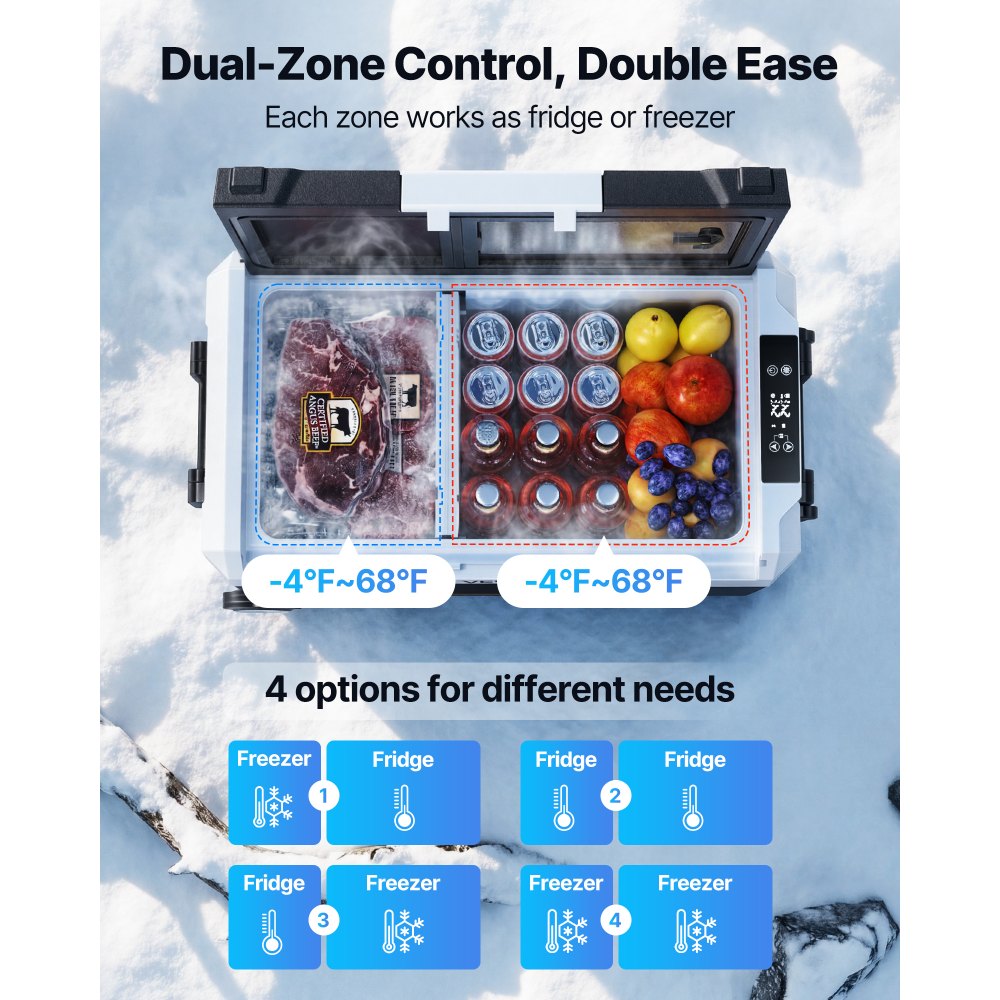 VEVOR Compressor Koelbox 12/24 V DC 100–240 V AC, Autokoelkast 55 L met app-bediening, wielen en 2 temperatuurzones (-20 °C tot 20 °C), Draagbare koelkast voor campers, boten, kamperen en vissen